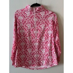 IBKUL 1/4 Zip Long Sleeve Mock Golf Top Size Medium Pink Retro Floral UPF 50+